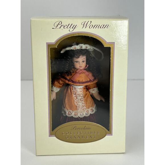 Pretty Woman Porcelain Doll Ornament Rust Orange Lace Dress Brunette 2004 DG - Picture 1 of 6